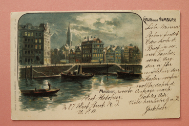 Ansichtskarte Mondschein Litho AK Gruß aus Hamburg 1901 Messberg Häuser Schiffe Architektur Ortsansicht